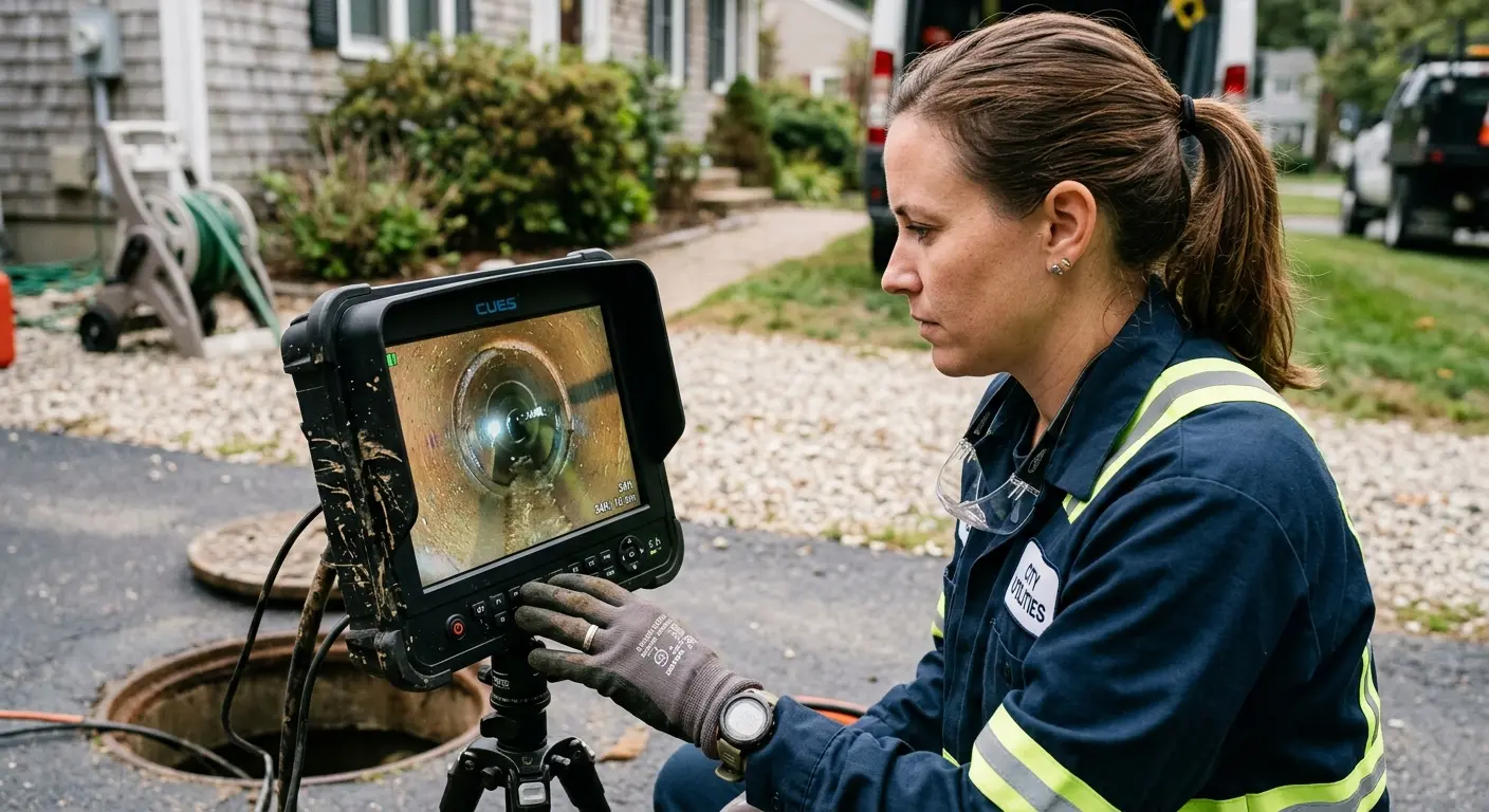 Technician reviewing sewer camera inspection footage in Massapequa Park
