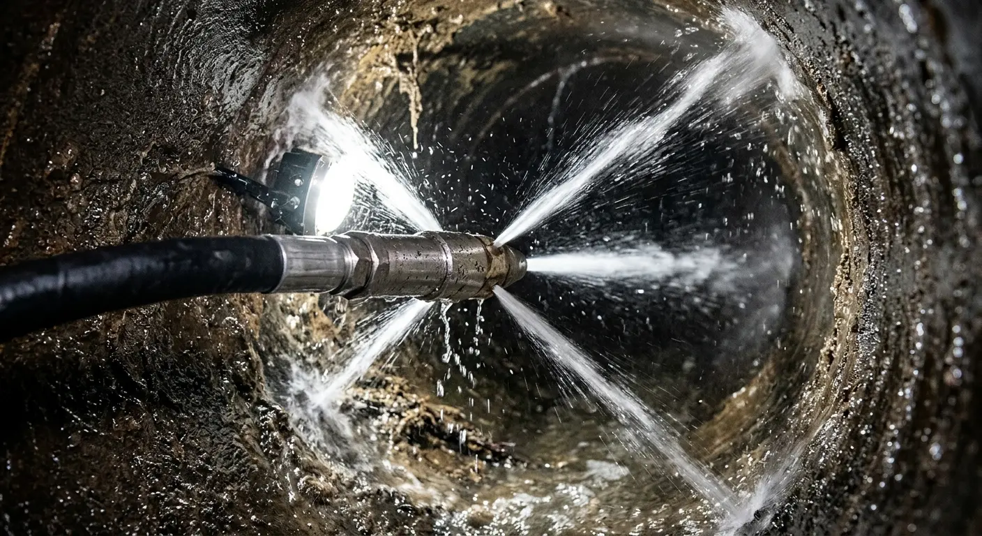 High-pressure hydro jetting nozzle cleaning sewer pipe for Trenchless Sewer Repair in Massapequa Park